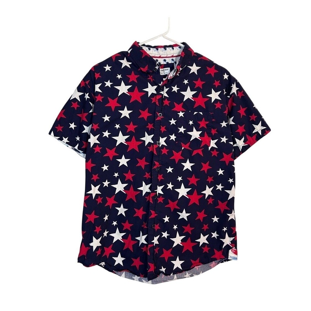 Men's Navy Blue Star Button Down Blouse Large Patriotic Casual